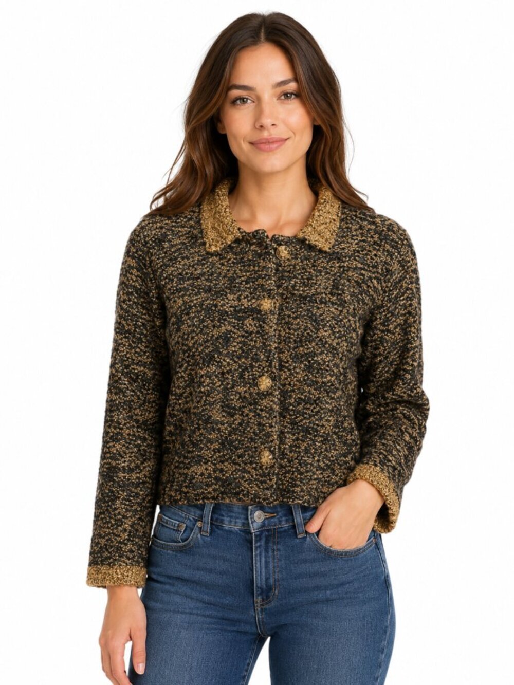 New Orvis Cardigan Sweater Size 14 Brown Button Front Tweed Cropped Classic